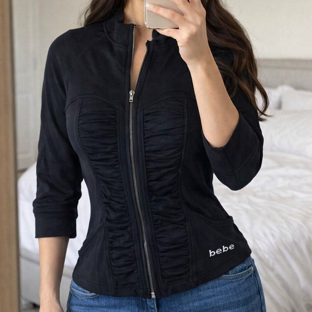 Bebe Black Ruched‎ Zip Jacket Rhinestone Fitted Y2k Women Small Mcbling Baddie